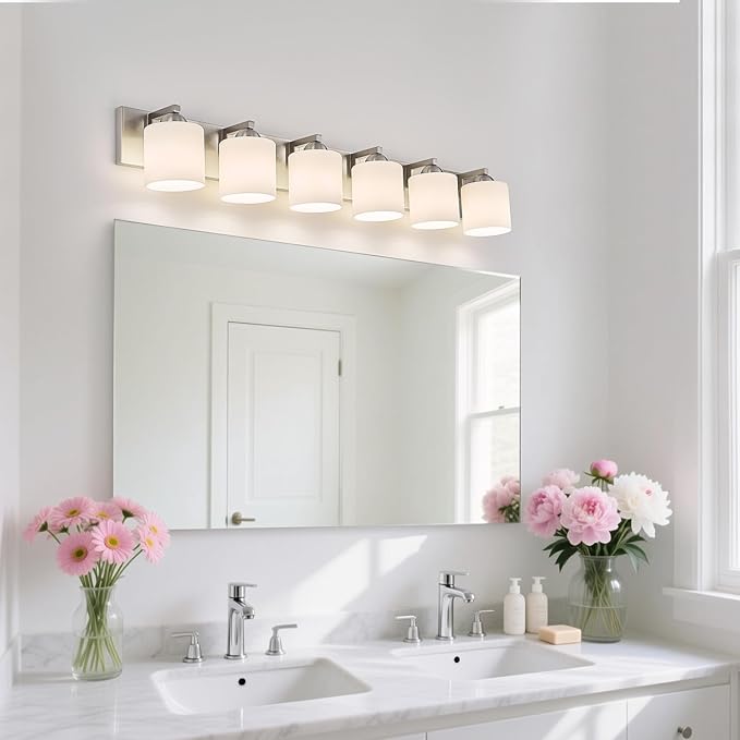 mirrea 44-Inch 6-Light Brushed Nickel Vanity Lights for Bathroom, Vanity Lighting Fixtures with Etched White Glass Shades