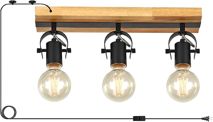 SEEBLEN 3 Light Plug in Track Light,Farmhouse Plug in Ceiling Light with 14.76-Foot Cord,Rotatable Ceiling Spotlight for Kitchen Dining Room Cabinet Hallway Living Room(No Bulb)