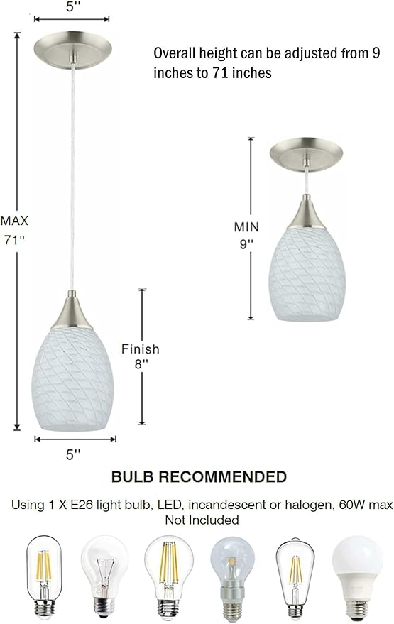 Glassland Pendant Light, 1 Light Kitchen Lighting in Brushed Nickel with White Glass, ETL Listed