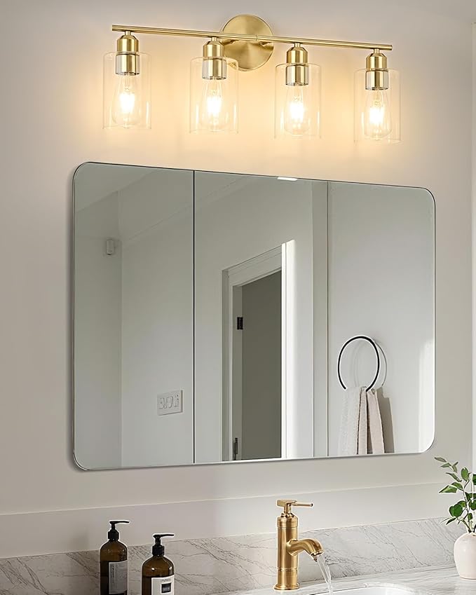 4-Light Bathroom Light Fixtures, Gold Bathroom Vanity Lights, Bathroom Lighting Fixtures Over Mirror with Clear Glass Shade, Wall Sconce Light for Bedroom, Living Room and Hallway