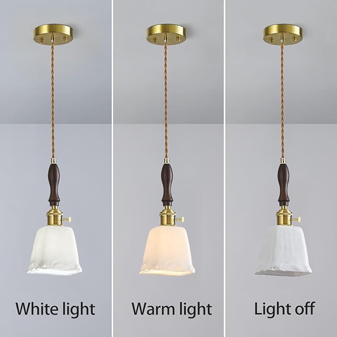 Mini Pendant Light Milky White Glass Pendant Lights Vintage Brass Pendant Lighting Kitchen Island Hanging Lamp with Wood Handle for Bedroom Dining Room (3 Pack)