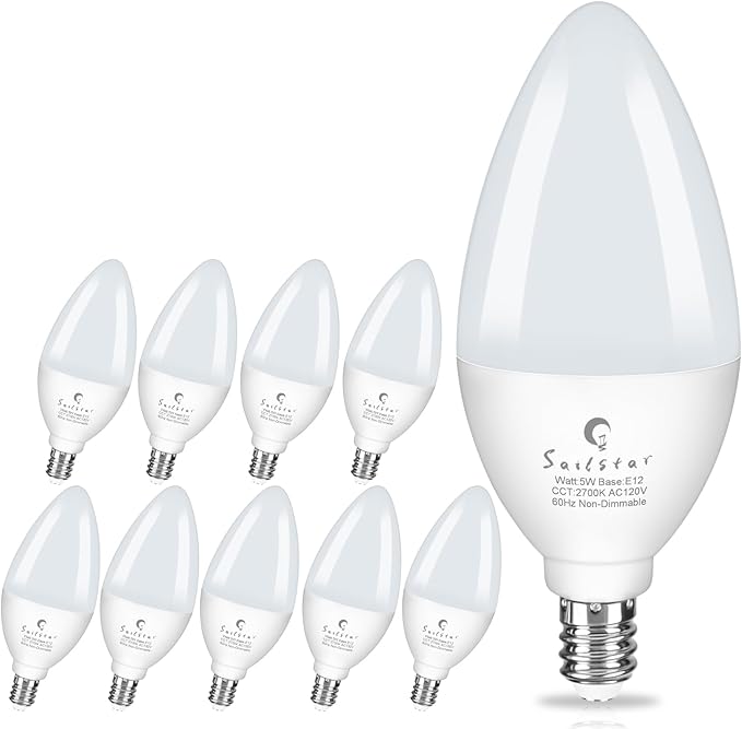 Sailstar E12 LED Bulb 60W Equivalent, 500 Lumens, Ceiling Fan Light Bulbs Soft White 2700K, Type B Light Bulb 5W, CRI 85, B11 Small Base Candelabra LED Light Bulbs, Non-dimmable, Pack of 10