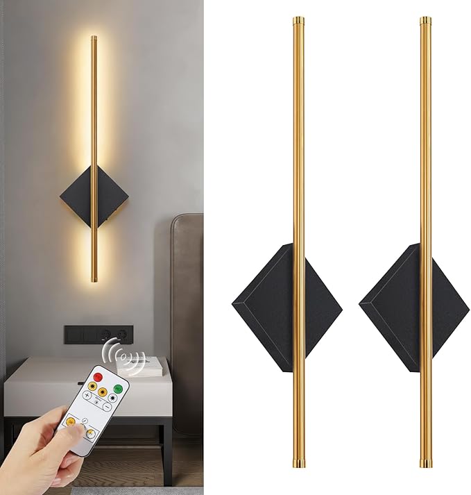 Battery Operated Wall Sconces Set of Two, Modern Sconces Wireless Cordless Rechargeable Light with Remote, Gold and Black Wall Lamp Dimmable Home Decor for Bedroom Living Room Hallway Timing 23.6 Inch