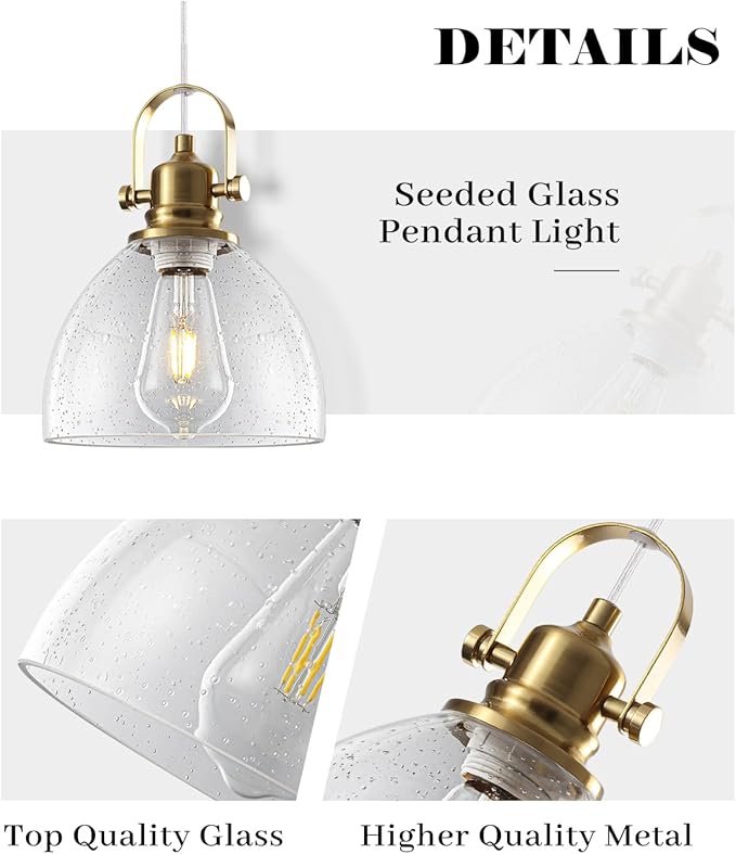 Gold Pendant Lights 2 Pack, 7.5 Inch Seeded Glass Pendant Light, Gold Farmhouse Pendant Light Kitchen Island, Glass Kitchen Pendant Lights for Kitchen Island, Dining Room, Living Room