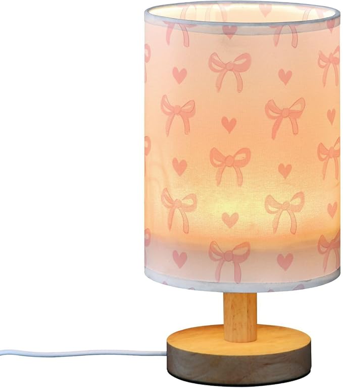 Aslsiy Cute Coquette Pink Bow Bedside Table Lamp White Nightstand Lamp Night Light Fabric Shade for Bedroom Living Room Home Office