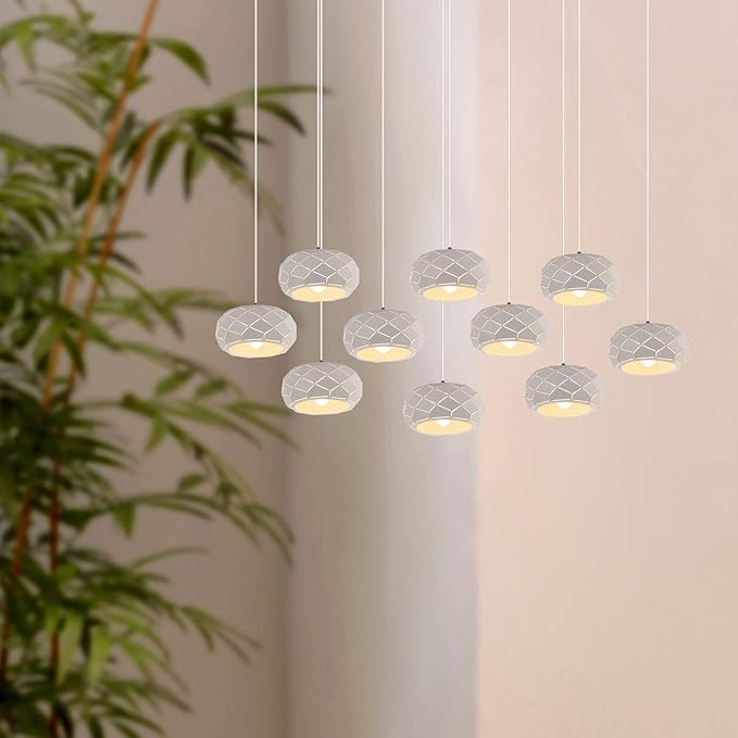 Crust 10 Mini Pendant Lighting White - LED Hanging Light Fixture for Kitchen Island, Bar, Foyer - Cluster Pendants - Dimmable, Adjustable Wire, Lamp Bulb Included