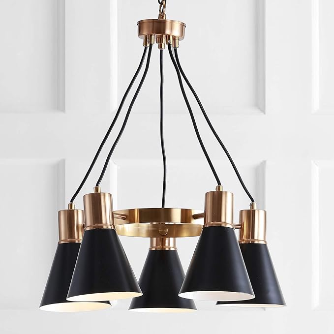 JONATHAN Y 22" Black/Brass Gold Apollo Mid-Century Modern Iron LED Pendant, Black Metal Shade, Adjustable Hanging Ceiling Light for Kitchen Island, Hallway, LED Bulb Included (JYL6135A)