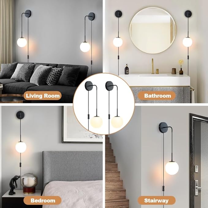 KUZZULL Wall Sconces Set of Two Plug in Wall Sconces Matte Black Wall Lamp with Plug in Cord and Switch Hanging Indoor Wall Mounted Lights with Globe Glass Shade Plug in Sconces Wall Decor Set of 2