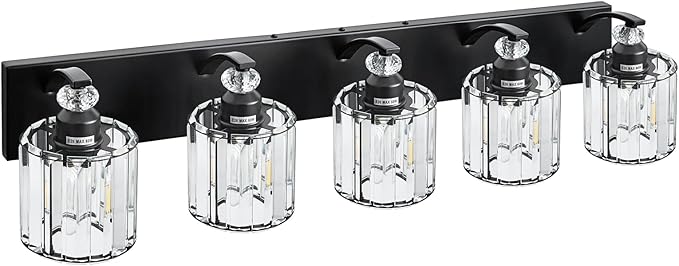 5-Light Black Bathroom Light Fixture Modern Vanity Lights Over Mirror Vintage Wall Sconce Lighting for Bathroom, Bedroom, Living Room, Hallway E26 Base with Crystal Bathroom Vanity Light