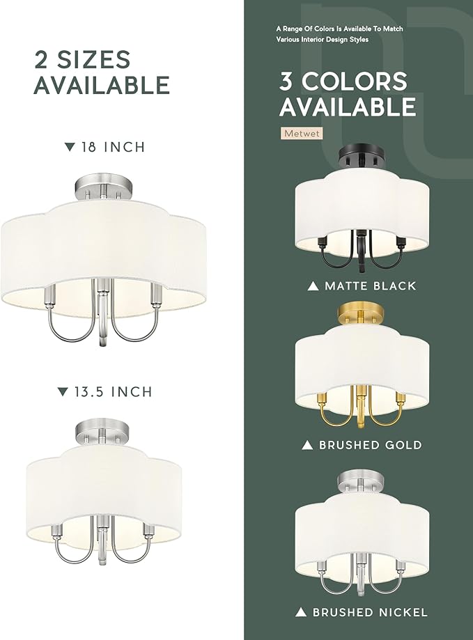 4-Light Semi Flush Mount Ceiling Light, 13.5" Vintage Light Fixtures Ceiling Mount with Fabric Shade in Quatrefoil for Kitchen Entryway Hallway Bedroom, Brushed Nickel, SM179-BN