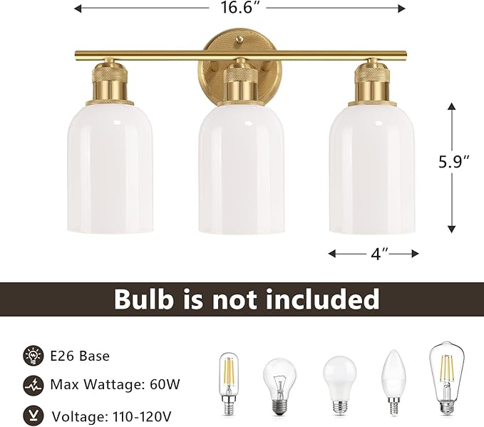 Vintage Gold 3-Light Vanity Light, Wall Light Fixtures with White Glass Shade for Bathroom Mirror Kitchen Living Room Hallway Cabinet Porch
