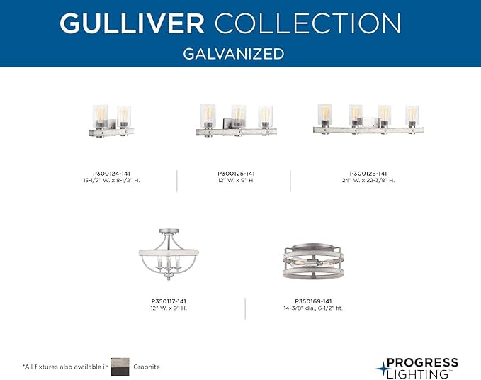 Progress Lighting Gulliver Collection 2-Light Whitewashed Farmhouse Flush Mount Ceiling Light, Galvanized, 6.50x14.37x14.37