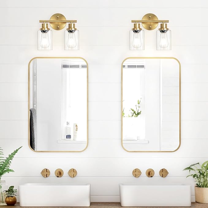 2-Light E26 Bathroom Light Fixtures, Modern Brushed Gold Vanity Lights for Bathroom with Clear Glass Shade, Mirror Kitchen Hallway Cabinet Living Room Sconces Wall Lights