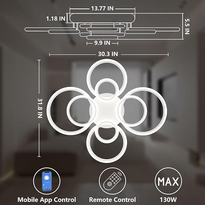 Modern LED Ceiling Light, 23-Inch, 3 Color Temps, 3348LM, Adjustable Brightness, Remote & APP Control, Energy Saving – Ideal for Living Room, Dining Room, Kitchen & Office - 8 Cirles
