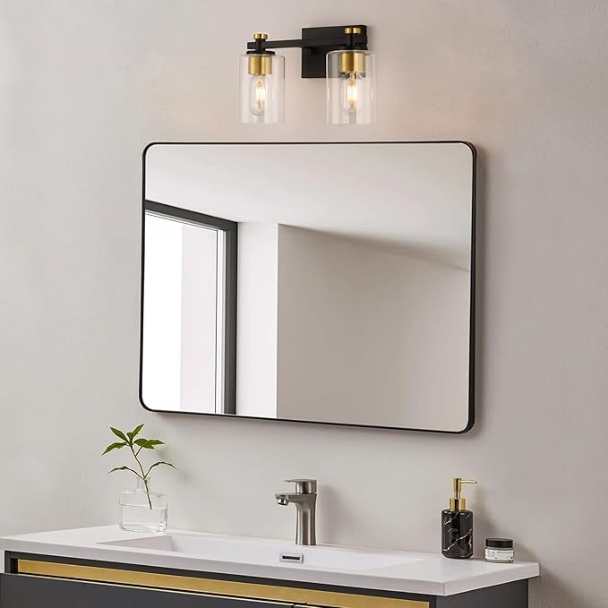 2 Light Bathroom Vanity Light, Black and Gold Bathroom Vanity Light, Bathroom Lighting Fixtures Over Mirror with Clear Glass Shade, Bathroom Light for Bathroom (E26 Base)