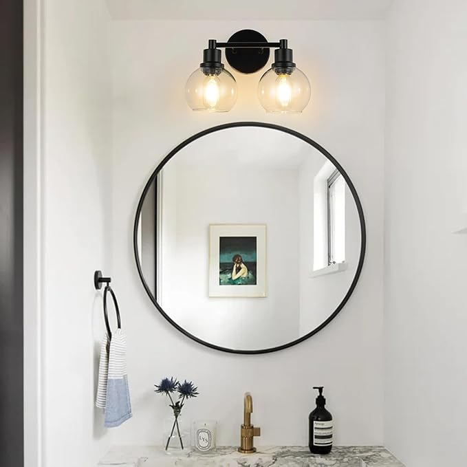 Bathroom Vanity Light 2 Light, Black Bathroom Light Fixtures with Clear Globe Glass Shade, Matted Black Wall Sconce Over Mirror for Kitchen, Living Room