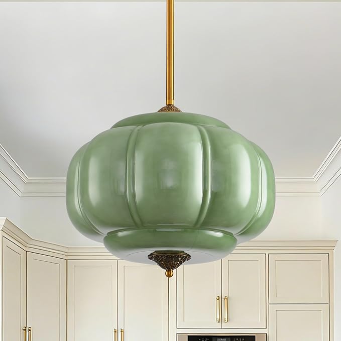 LOUSACE 15 in Vintage Milk Glass Ceiling Light Fixture, Antique Green Milk Glass Pendant Light, Mid Century Art Deco Chandelier for Kitchen Dining Room Hallway Bedroom, LED Bulb Included