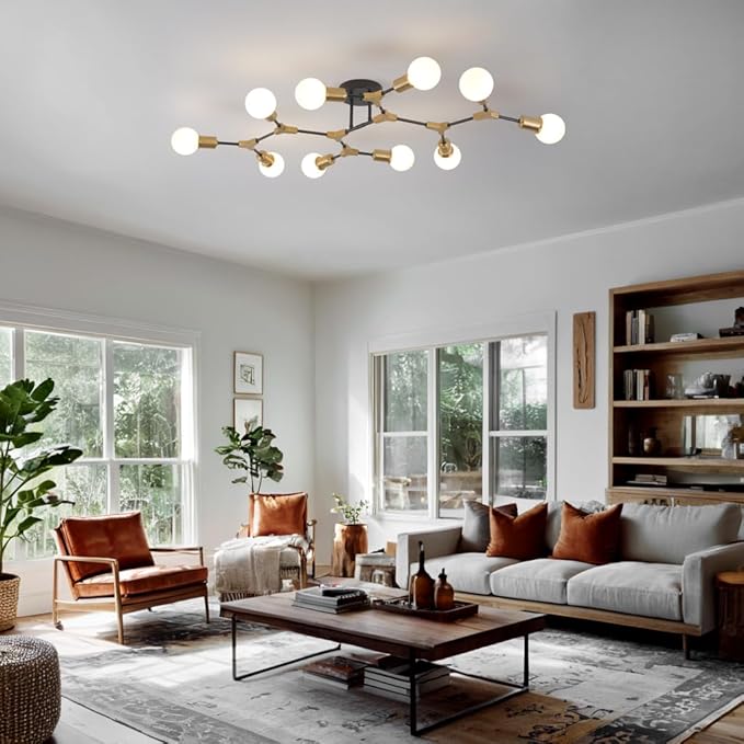 Mid Centur Modern 10 Light Semi Flush Mount Ceiling Lighting Fixture for Dining Room Living Room Bedroom Aisle Kitchen Restaurant,Metal Gold and Black Sputnik Chandelier