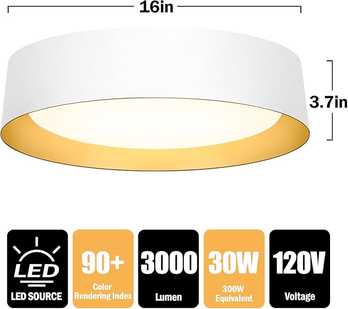 BrightHome 2-Pack 16in Flush Mount LED Ceiling Light, 30W(300W Equiv) 3000LM, 5CCT 2700K 3000K 4000K 5000K 6000K, Dimmable Modern Flush Mount Light for Bedroom, Bathroom, Hallway, White and Gold