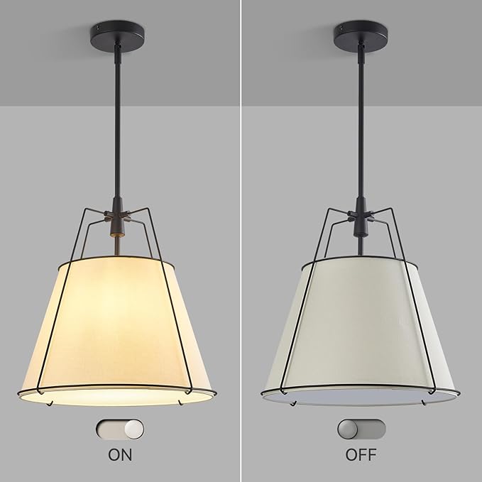 Modern Pendant Light Fixtures with 16" Off-White Linen Fabric Shade, Adjustable Hanging Light Fixture,3-Light Drum Black Vintage Chandelier for Kitchen Island Bedroom Dining Room Foyer