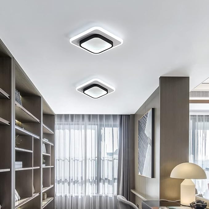 LED Ceiling Light 22W Modern Ceiling Lamp, Cool White 6500K 9.5 Inch Square Close to Ceiling Lights for Bedroom Hallway Office Kitchen Dining Room Entrance(Black & White)