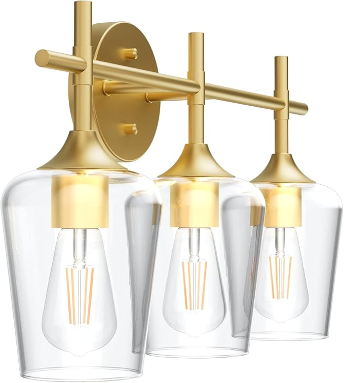 Ralbay Gold Bathroom Vanity Light 3-Lights Vintage Gold Vanity Lights Wall Lighting Clear Glass Gold Bathroom Light Fixtures Over Mirror