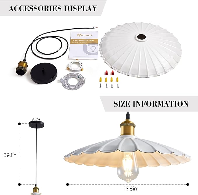 Pendant Lights, 13.8 Inch Glossy White Lampshade Kitchen Pendant Lights Height Adjustable Island Pendant Lights for Kitchen Industrial Style Hanging Light for Bedroom