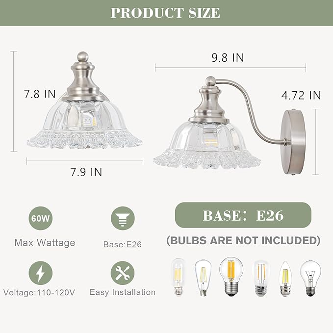 Vintage Wall Sconce Light, Brushed Nickel Bathroom Sconces Wall Lighting, Antique Wall Light Fixture with Clear Flower Glass Shades, Indoor Wall Sconces for Living Room Bedroom, 1-Light Wall Lamp