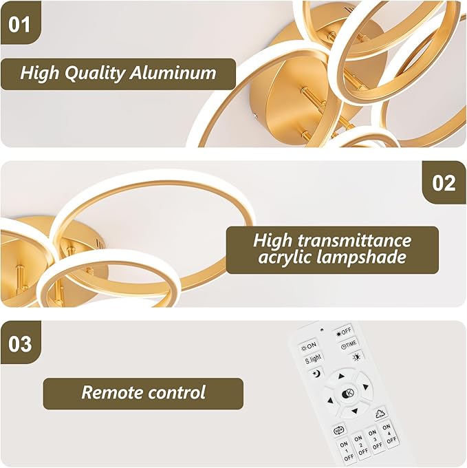 Modern Ceiling Lights, 6 Rings Dimmable Gold LED Ceiling Light Fixtures with Remote Control, 60W Close to Ceilings Lighting for Living Room, Bedroom, Dining Room