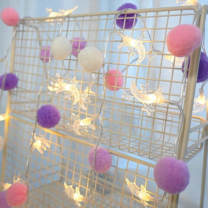 ChiRee Indoor String Lights 6.56 Feet Pom Poms Moon Lights 20 LED Battery Operated String Fairy Lights Warm White Globe Lights Colorful Decor Lights for Home Bedroom Kids Playhouse Holiday Christmas