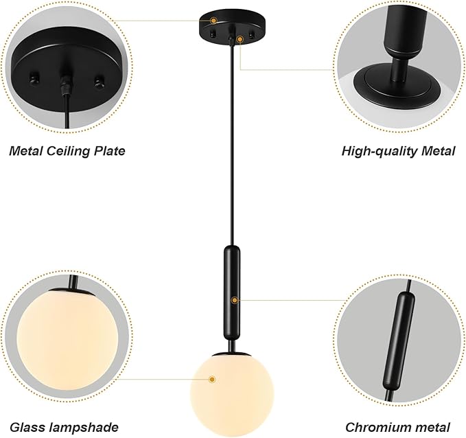 Modern Hanging Light Fixture Pendant Lighting for Kitchen Island Mid Century Black Pendant Lights with Globe Milky White Glass Pendant Light for Bedroom Bathroom Entryway (3 Pack)