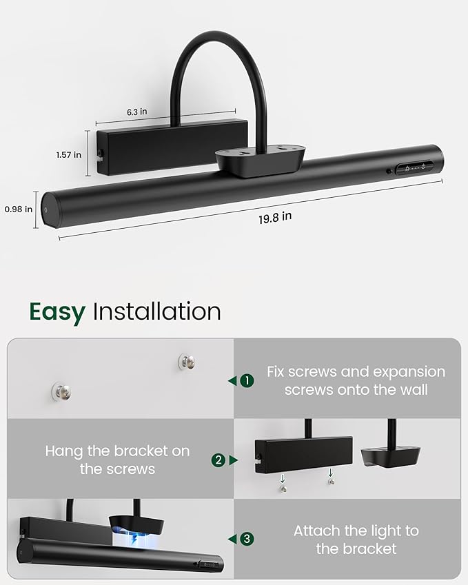 Bridika Picture Light Battery Operated, 19.7in Picture Lights for Wall, 3 Colors & Brightness Dimmable, Rechargeable Art Light for Paintings Photo Dartboard Gallery Bedroom Bathroom Black