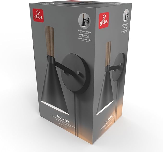 Globe Electric Plug-in or Hardwire Wall Sconce, Matte Black, Wood-Tone Switch, Metal Shade, 6-Foot Cord, 65000101