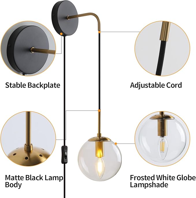 KUZZULL Wall Sconces Set of Two Black and Brass Plug in Wall Sconces Set of 2 with Globe Clear Glass Shade Wall Lights Wall Lamps for Bedrooms Sconces Wall Decor Set of 2 with Plug in Cord Switch