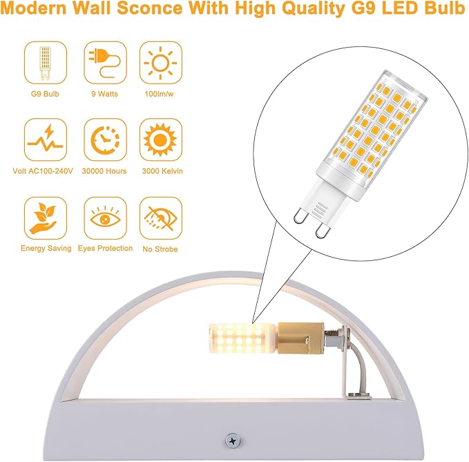 White Modern LED Wall Sconce (with G9 Bulbs) Hardwired Indoor Wall Lights Up and Down Wall Mount Lamps for Hallways, Bedrooms, Hallways, Living Room 3000K Warm White