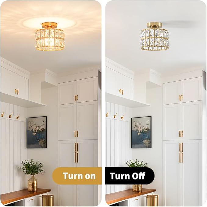 Crystal Ceiling Light Fixture, Modern Brushed Gold Semi Flush Mount Ceiling Chandelier Light for Hallway Entryway Kitchen Bathroom, Small Chandelier Light for Bedroom Closet, 1-Light, 9 Inch