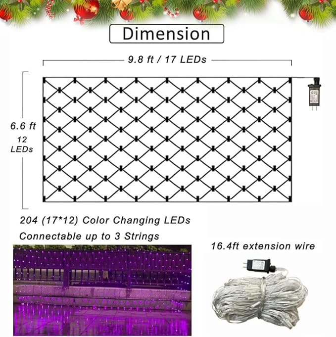 204 LED Net Lights, 35 Colors Changing Christmas Net Lights Outdoor, 9.8ft x 6.6ft Connectable Bush Mesh Light Clear Wire for Halloween Christmas Tree Holiday Wedding Party Gazebo Patio Decor