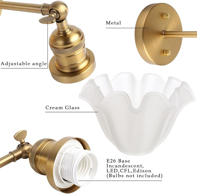 Phansthy Vintage Wall Sconces with Frosted Glass Lampshade 180 Degree Adjustable Brass Sconces Modern Glass Wall Lighting Fixture for Bedside Bedroom Doorway Bathroom (Antique)