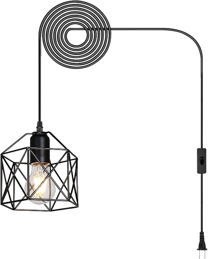 Industrial Plug-in Pendant Light, Black Farmhouse Hanging Ceiling Light, Vintage Metal Cage Wall Mount Lamp, 1-Light Fixture for Kitchen Island, Dining Room, E26 Base (Bulb Not Included)