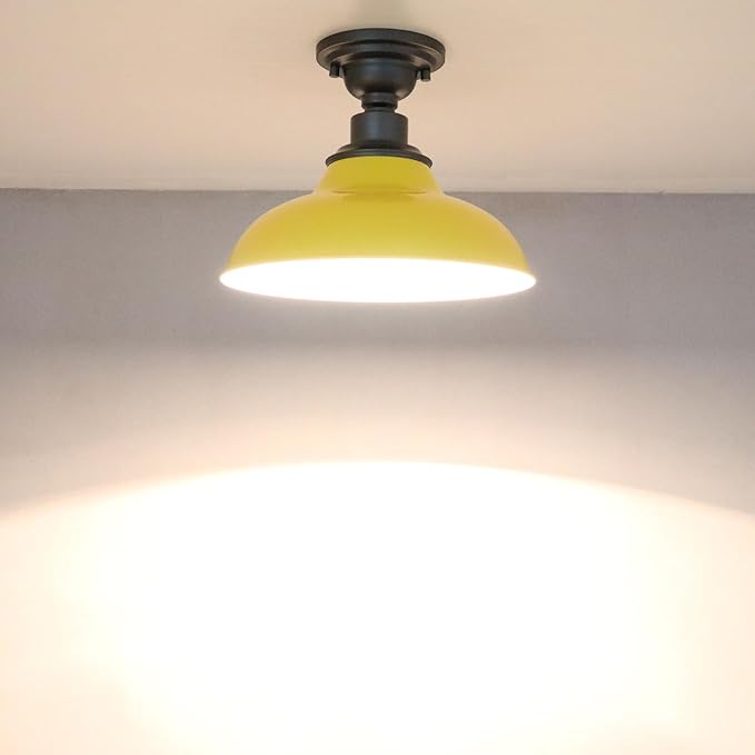 SAMTEEN Industrial Semi Flush Mount Ceiling Light 1-Light Barn Light Fixture Ceiling 12-Inch Farmhouse Ceiling Light for Hallway Entryway Staircase Kitchen, Yellow Finish