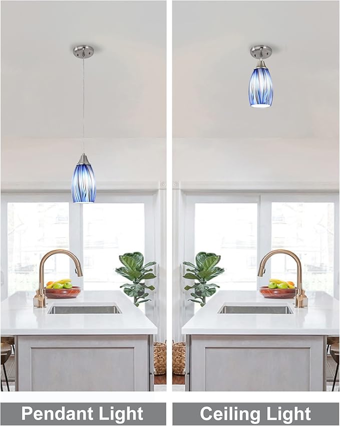 karyfine Mini Art Glass Dark Blue Pendant Lights Kitchen Island Hand Blown Mini Glass Pendant Lights with Brush Nickel Finish Adjustable Cord for Kitchen Over Sink,Hallway,Dining Room,Stairsway