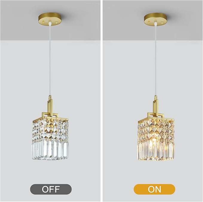 Modern Crystal Pendant Light Kitchen Island Farmhouse Lamp Adjustable Height Hanging Lighting Square Gold Chandelier Suitable for Kitchen Island Dining Room and Bedroom(3Pack)