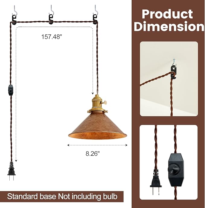 Plug in Pendant Light 8.2 Inch Rusted Copper Shade Vintage Industrial Design On/Off Switch 14Ft Adjustable Cord Hanging Lamp Plug in for Living Room,Bedroom Hanging Light 2 Pack
