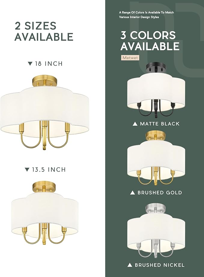Gold Semi Flush Mount Ceiling Light, 18" 4-Light Light Fixtures Ceiling Mount with Fabric Shade in Quatrefoil for Kitchen Nursery Entryway Hallway Bedroom, SM179-BG-L