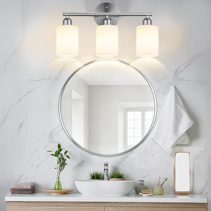 3-Light Bathroom Vanity Light Fixtures, Modern Wall Lamp for Mirror with Clear Opal Glass Shade, Silver Finish