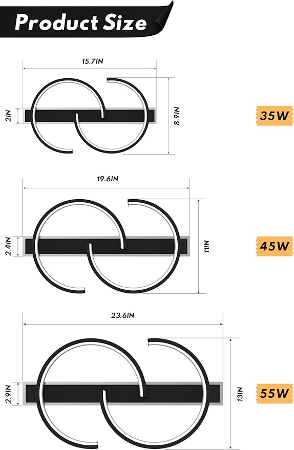 23.6" LED Ceiling Light, 2 Rings Design Flush Mount Ceiling Light with Remote Control, 55W Matte Black Dimmable 3000-6000K, Modern Light fixtures Ceiling for Bedroom Living Room Dining Room