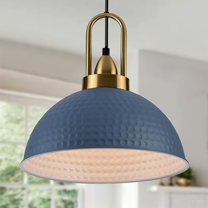Blue Pendant Lights Kitchen Island Industrial Adjustable Height Vintage Dome Hanging Light Fixtures for Barn, Dining Room 2 Packs