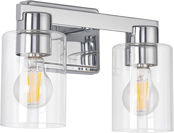 2-Light Bathroom Light Fixtures Modern Chrome Vanity Lights with Clear Glass Shade Wall Sconces Over Mirror for Bathroom, Powder Room, Living Room