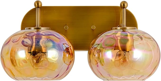 Brushed Gold Vanity Light Amber Hammered Glass Wall Sconce 2-Light Brass Wall Lamp for Hallway Living Room Stairwell Bathroom Over Mirror