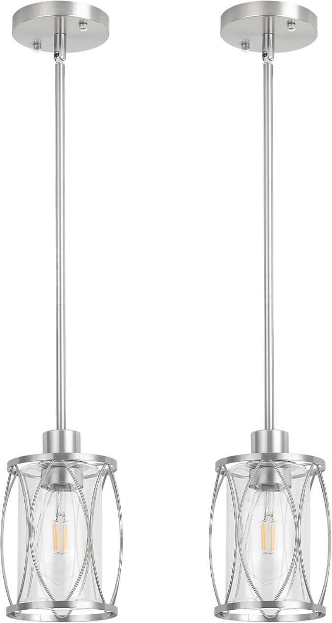 Glass Pendant Lights Kitchen Island Brushed Nickel Pendant Light Fixtures Adjustable Modern Mini Hanging Light with Clear Glass for Sink Dining Room Foyer Entryway Bar, 2 Pack